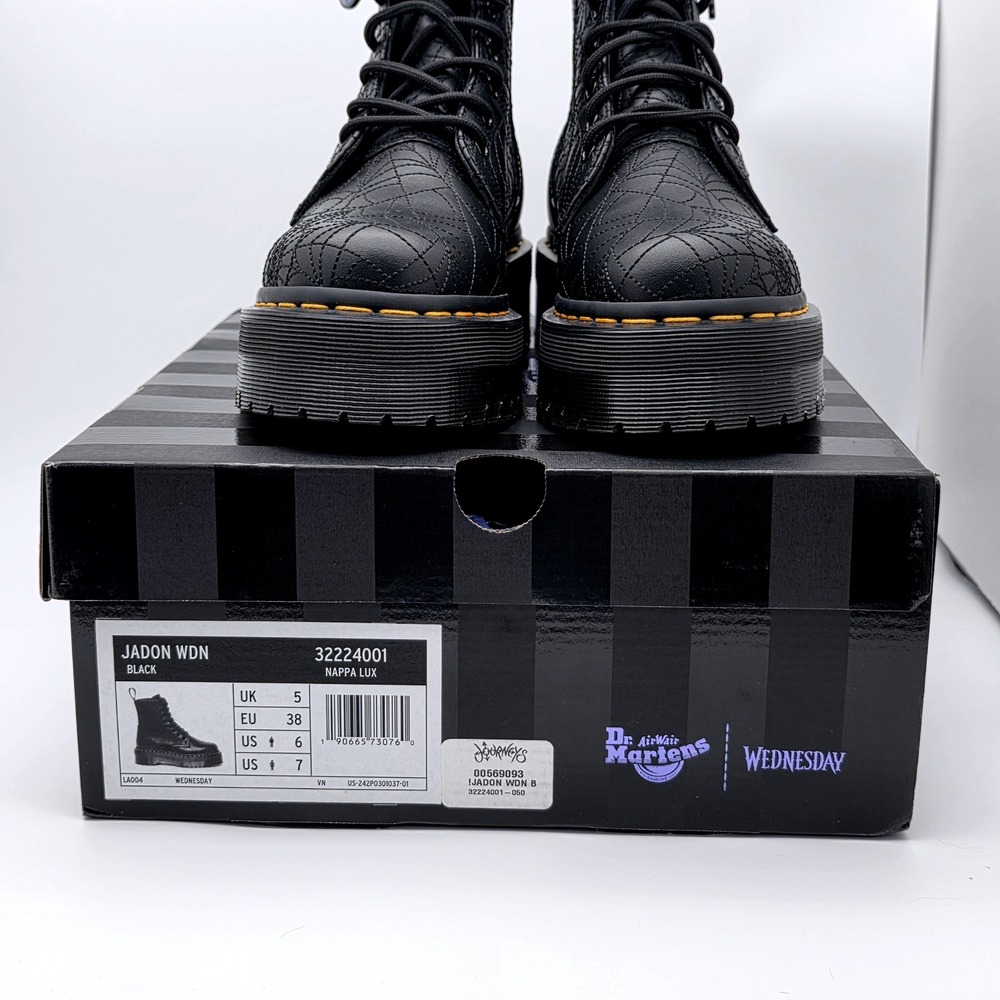 Dr. Martens Jadon Wednesday Addams Boots Womens 7 Black Spiderweb Nappa Lux New - Picture 13 of 15